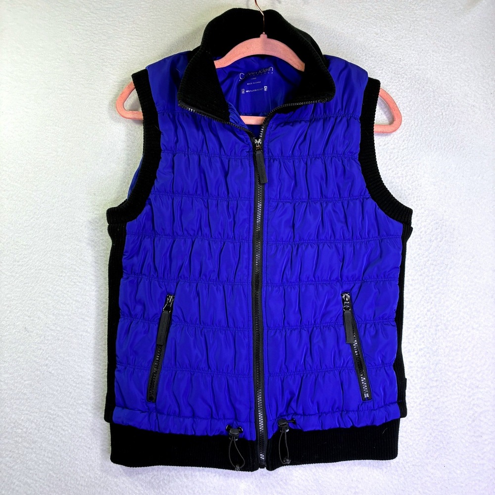 Calvin Klein Performance Blue Black Quilted Puffer Vest MP3 Pocket Womens Large
